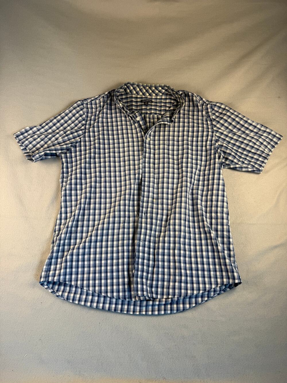 George Shirt Mens L Blue White Short Sleeve Button Up Gingham Plaid Casual